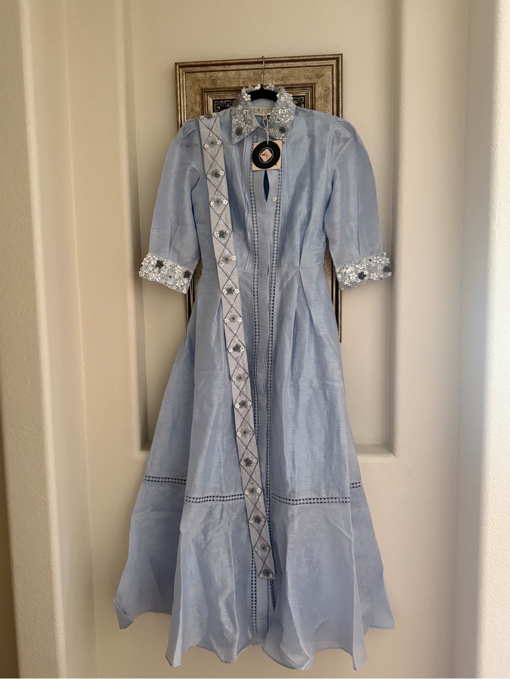 Light Blue Embellished Maxi Dress with Floral Trim